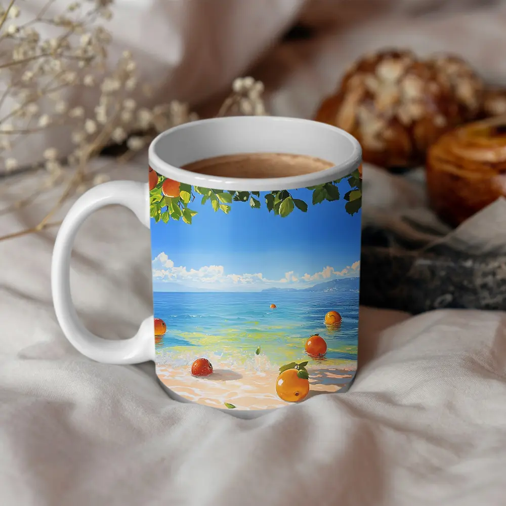 Oranges Floating On Tropical Beach Shore Painting – Mugs