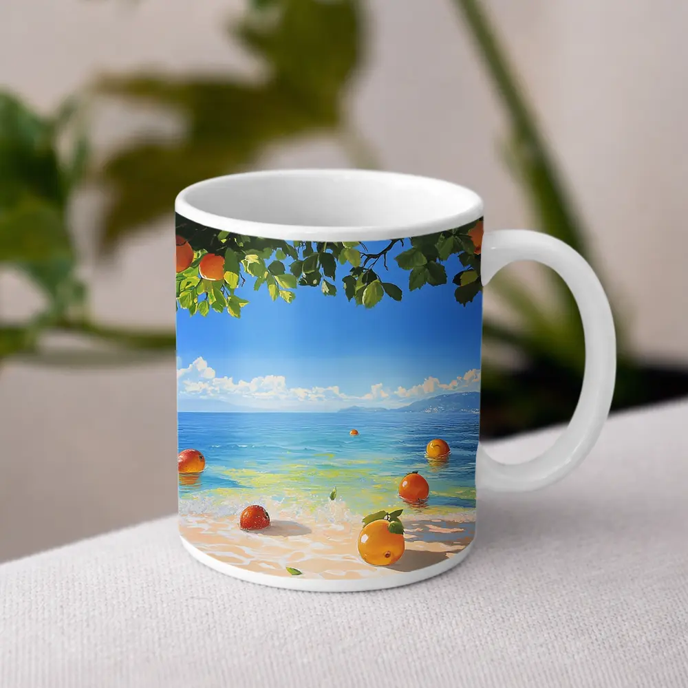 Oranges Floating On Tropical Beach Shore Painting – Mugs