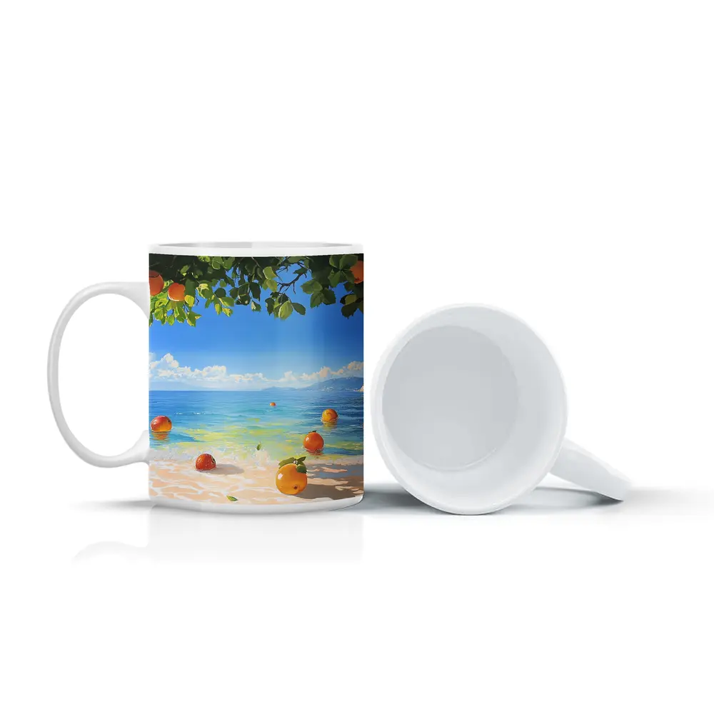 Oranges Floating On Tropical Beach Shore Painting – Mugs