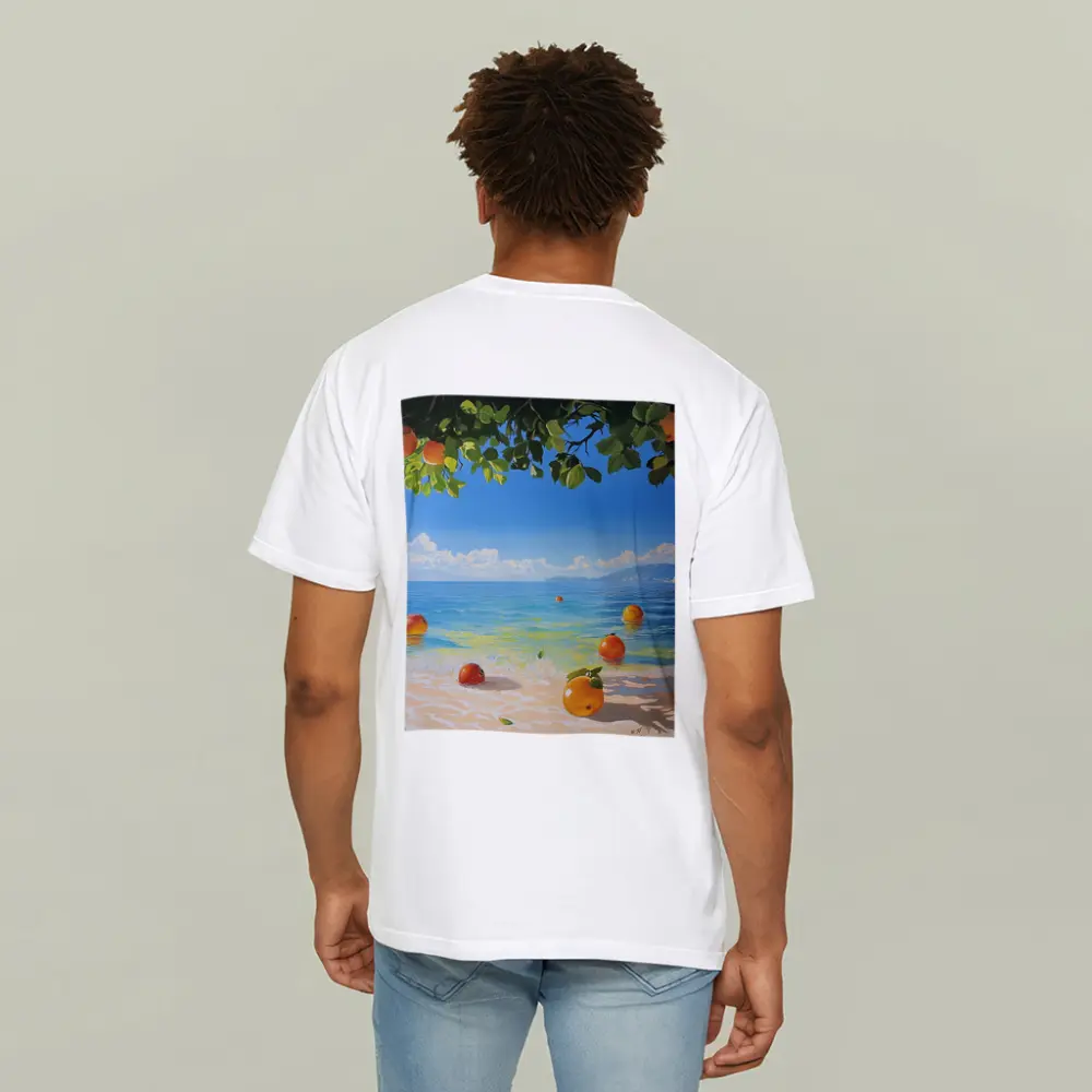 Oranges Floating On Tropical Beach Shore Painting – T-Shirts