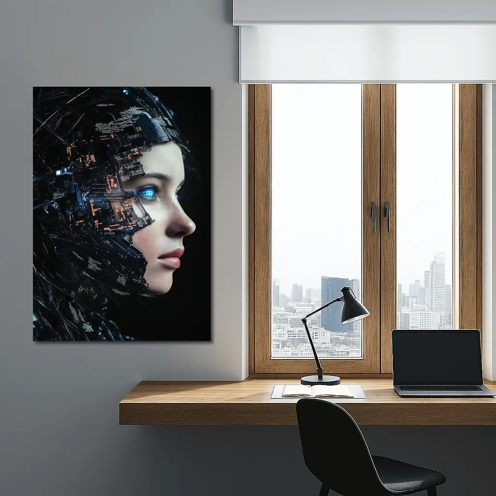 Cyberpunk Woman Face Circuit Board Dark – Wall Art