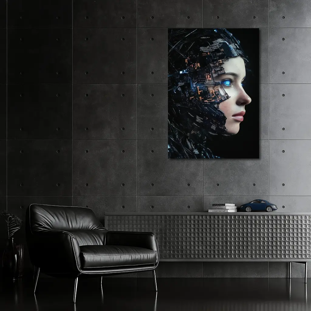 Cyberpunk Woman Face Circuit Board Dark – Wall Art