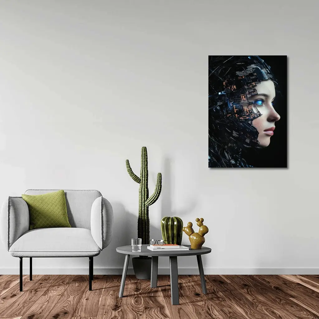 Cyberpunk Woman Face Circuit Board Dark – Wall Art