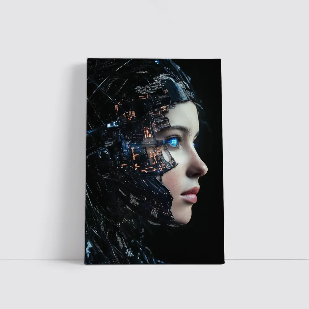 Cyberpunk Woman Face Circuit Board Dark – Wall Art