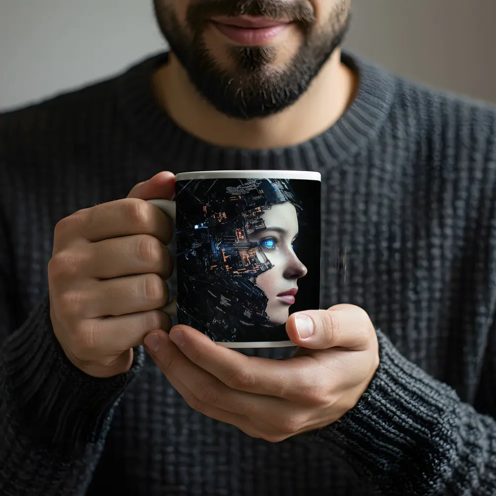 Cyberpunk Woman Face Circuit Board Dark – Mugs