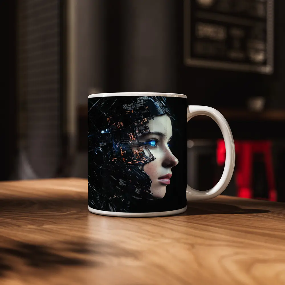 Cyberpunk Woman Face Circuit Board Dark – Mugs