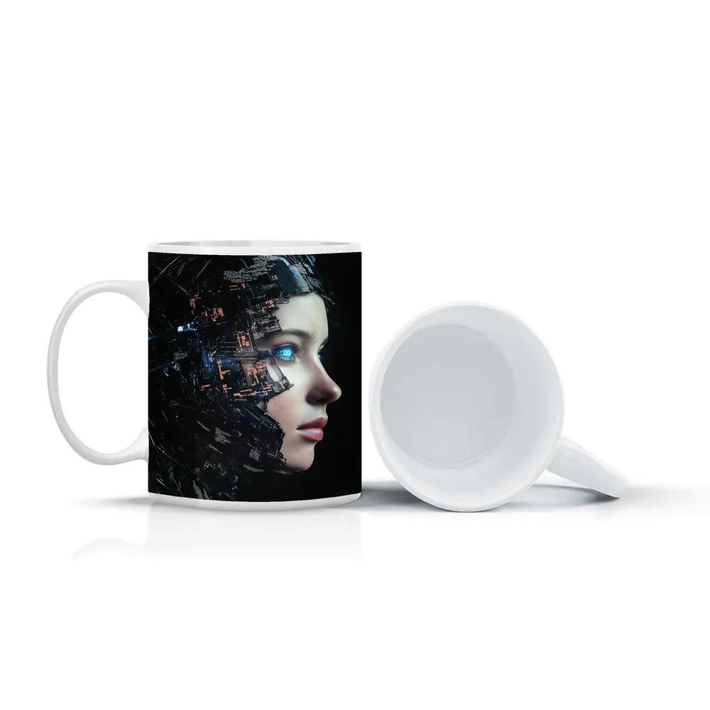 Cyberpunk Woman Face Circuit Board Dark – Mugs