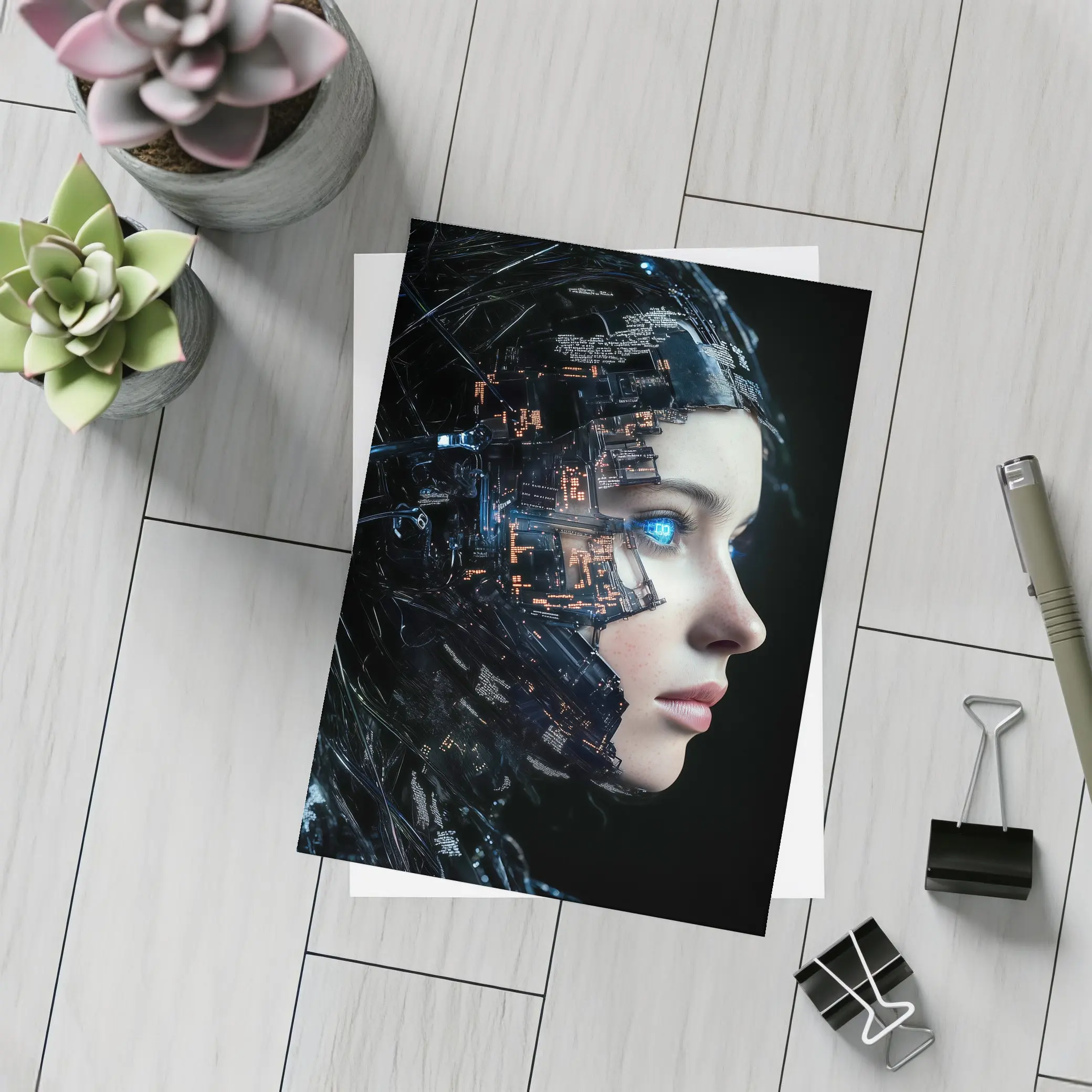 Cyberpunk Woman Face Circuit Board Dark – Postcards