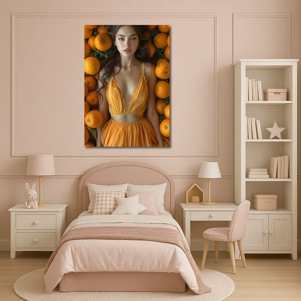 Woman in Orange Dress Among Fresh Oranges – Wall Art