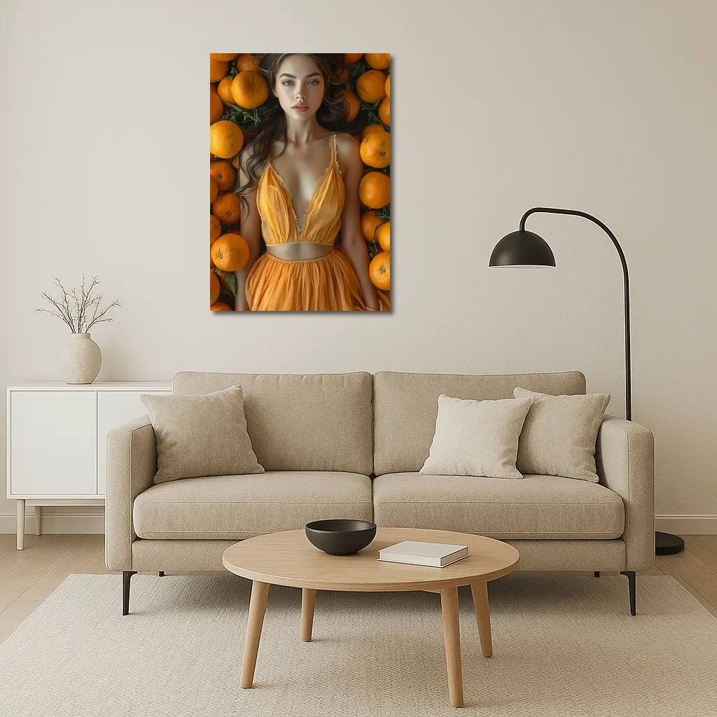 Woman in Orange Dress Among Fresh Oranges – Wall Art