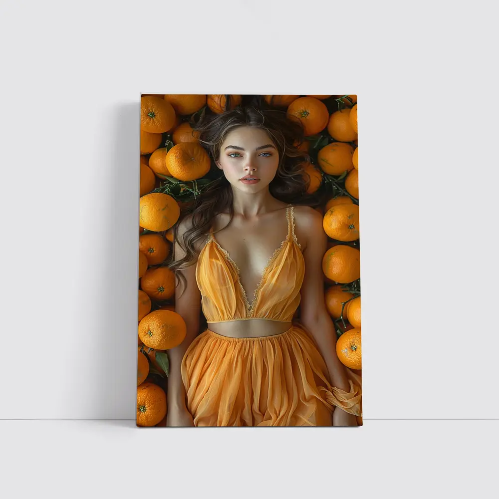 Woman in Orange Dress Among Fresh Oranges – Wall Art