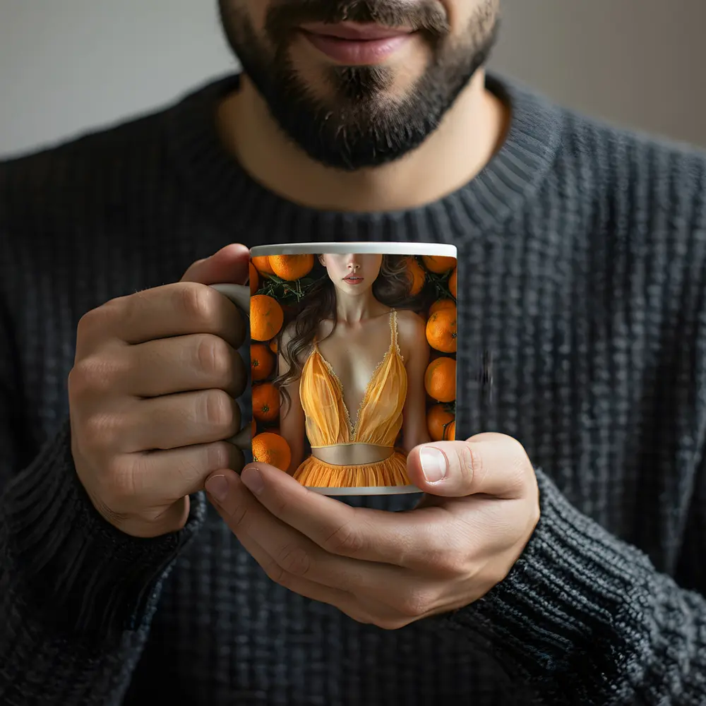 Woman in Orange Dress Among Fresh Oranges – Mugs
