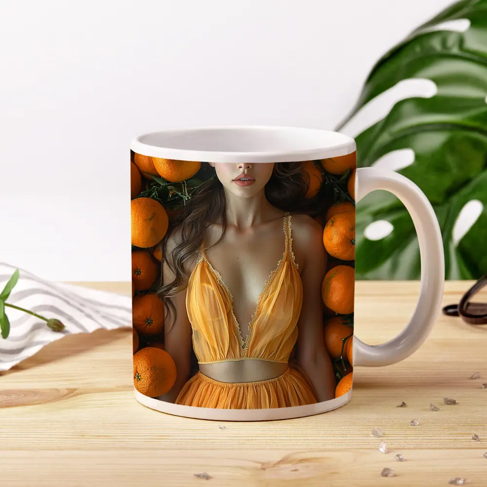 Woman in Orange Dress Among Fresh Oranges – Mugs