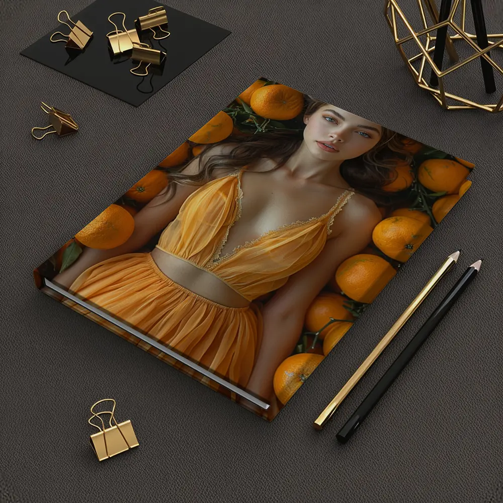 Woman in Orange Dress Among Fresh Oranges – Notebooks