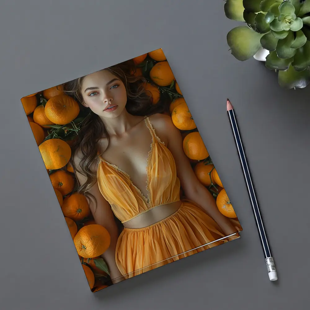 Woman in Orange Dress Among Fresh Oranges – Notebooks