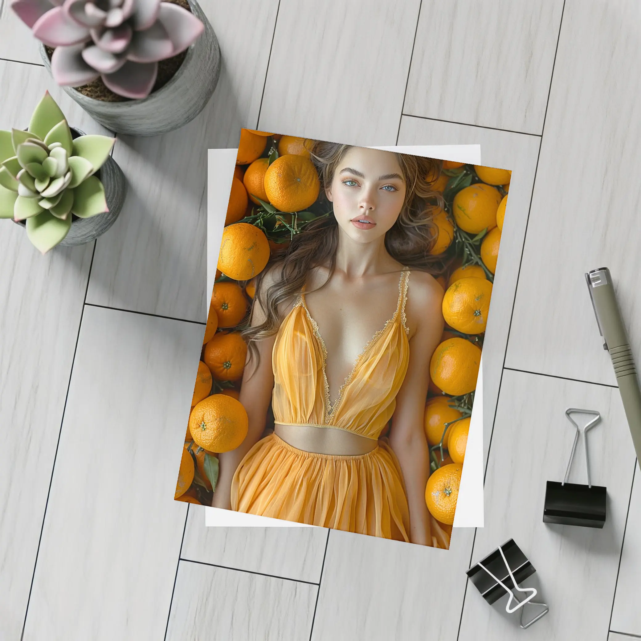 Woman in Orange Dress Among Fresh Oranges – Postcards