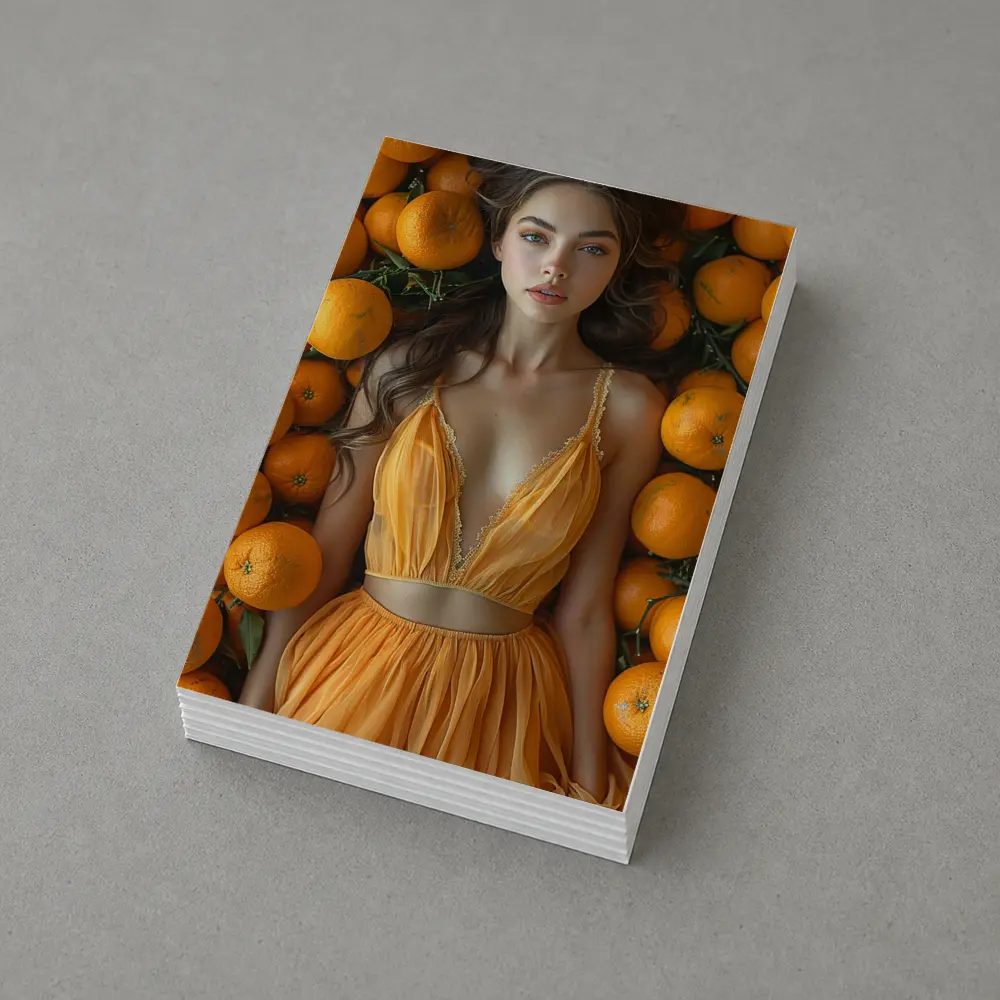 Woman in Orange Dress Among Fresh Oranges – Postcards