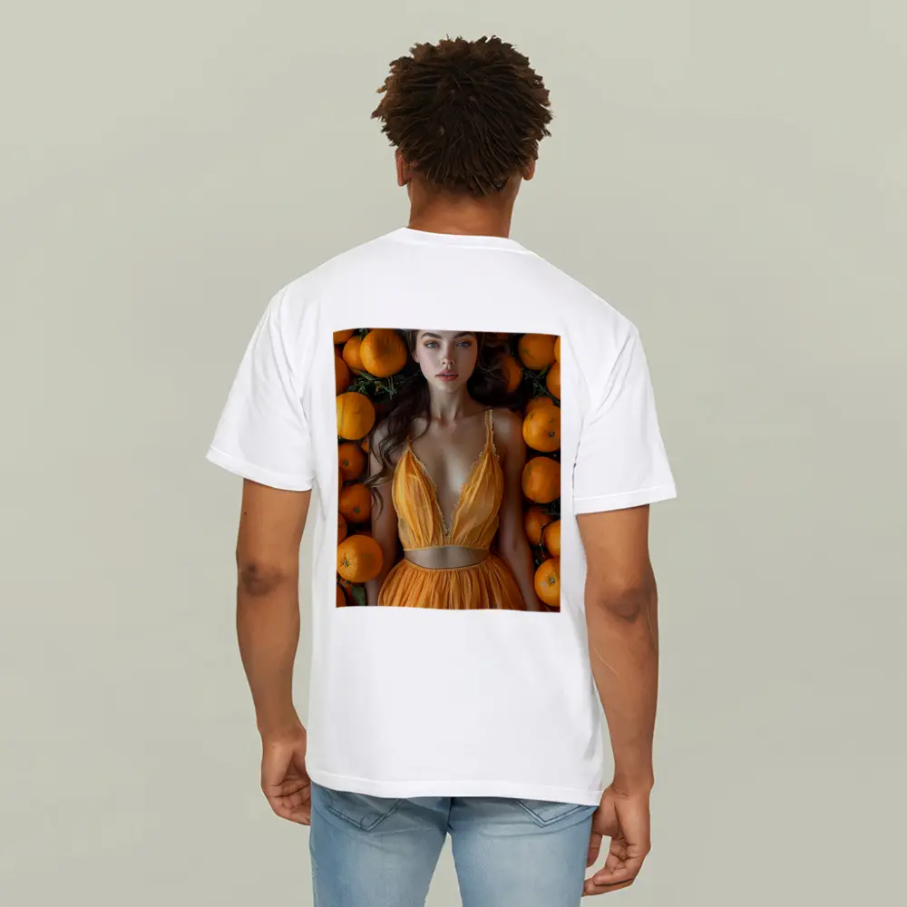 Woman in Orange Dress Among Fresh Oranges – T-Shirts