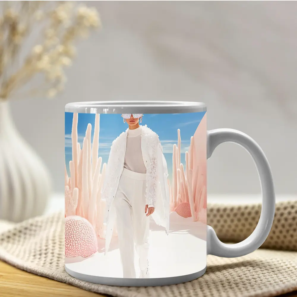 Fashion Model White Outfit Desert Sky – Mugs