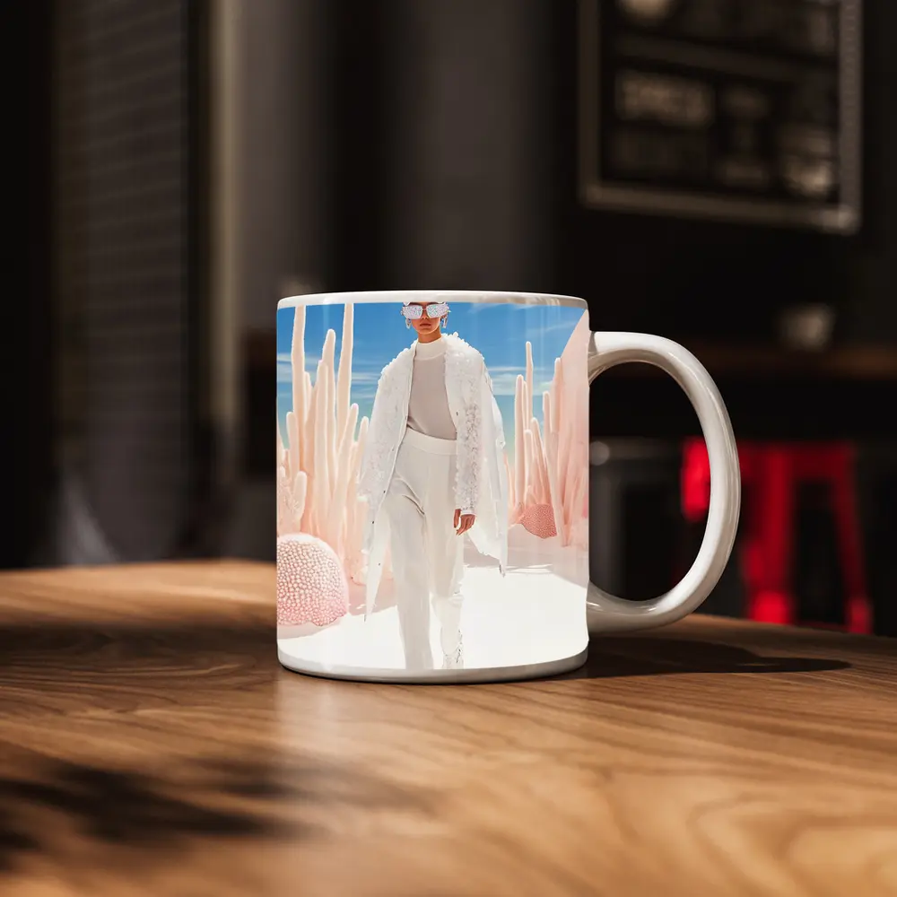 Fashion Model White Outfit Desert Sky – Mugs