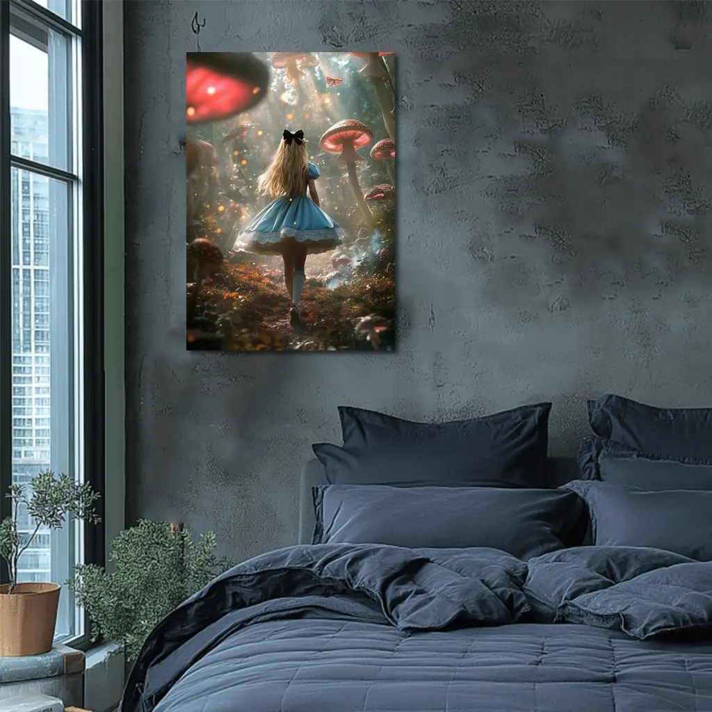 Alice Wonderland Girl Walking Mushroom Forest – Wall Art