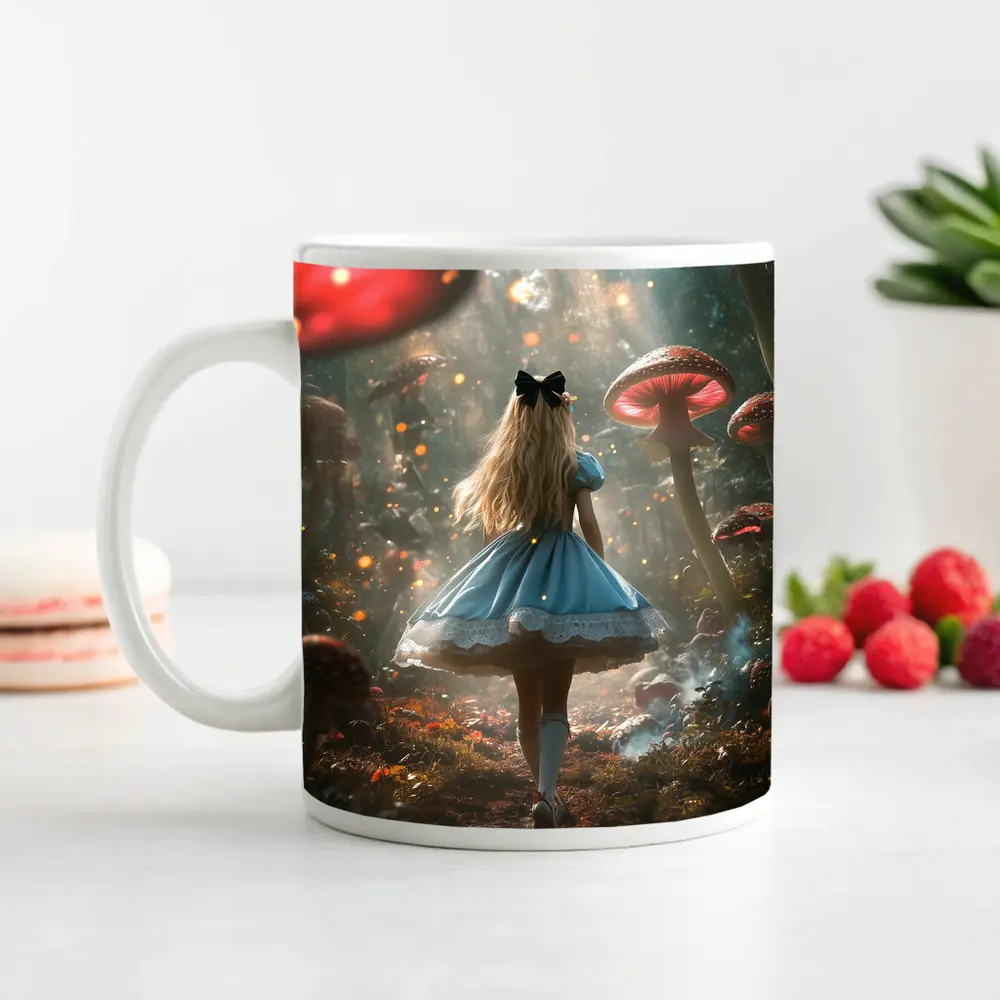 Alice Wonderland Girl Walking Mushroom Forest – Mugs