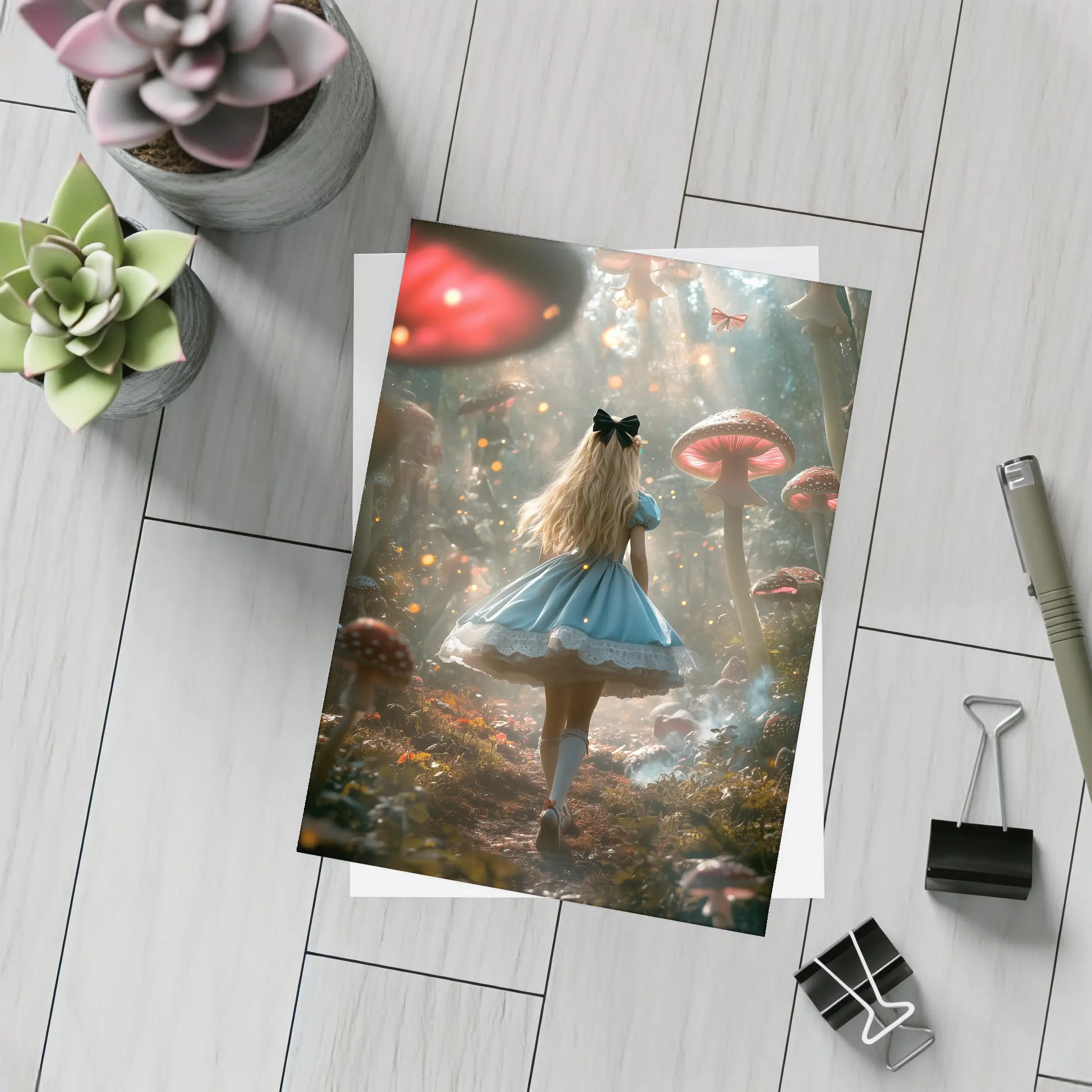 Alice Wonderland Girl Walking Mushroom Forest – Postcards