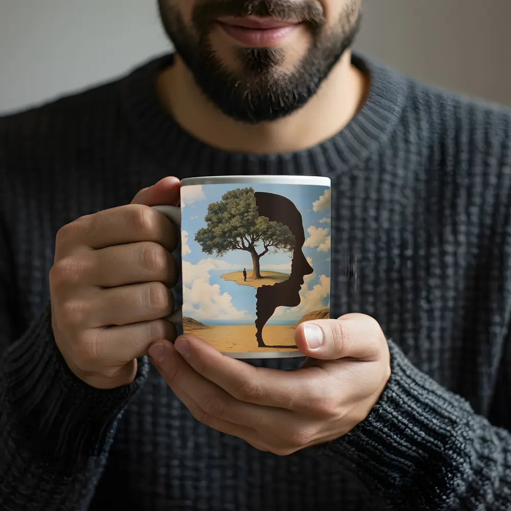 Surreal Human Face Tree Desert Sky – Mugs