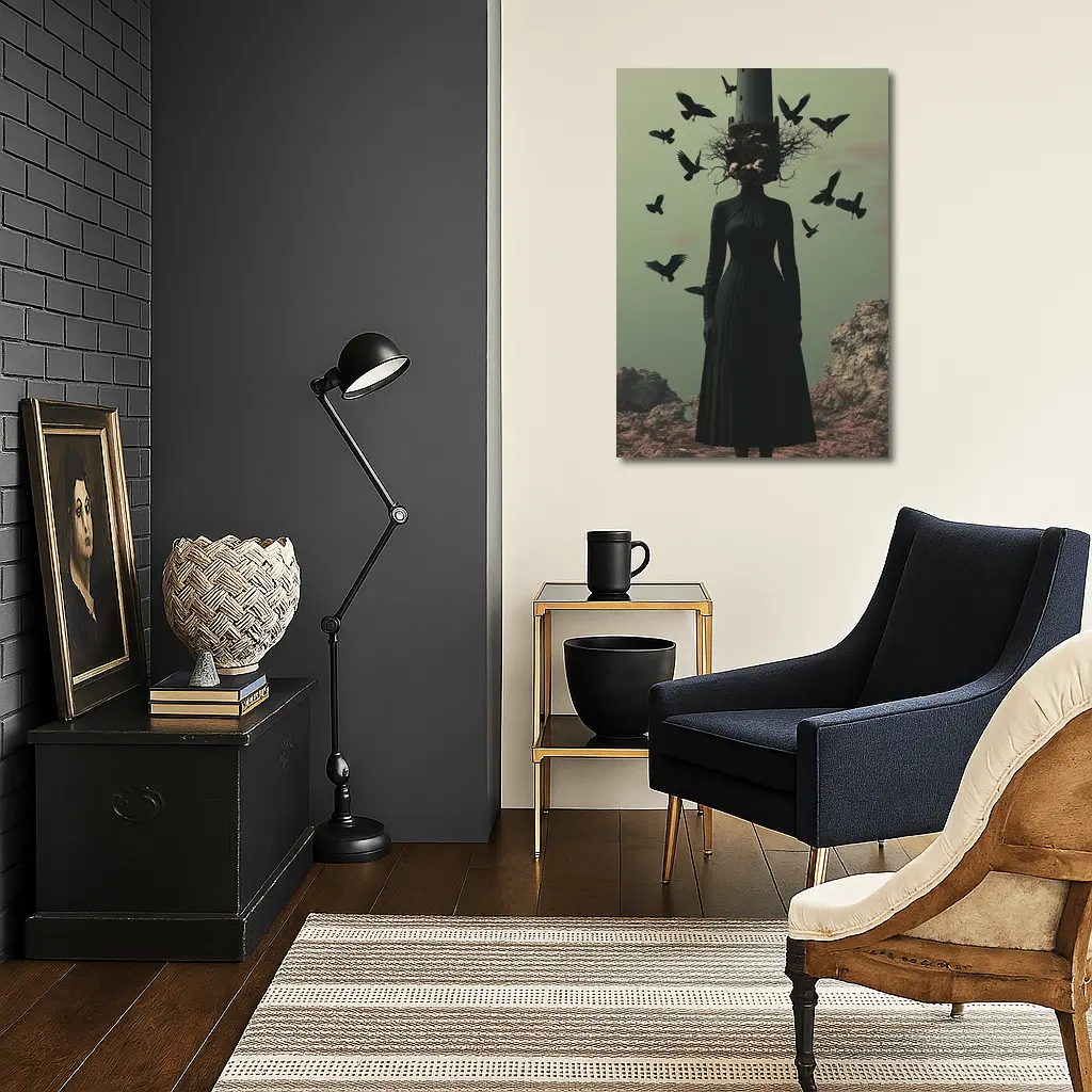 Dark Woman Tower Head Ravens Surreal Art – Wall Art