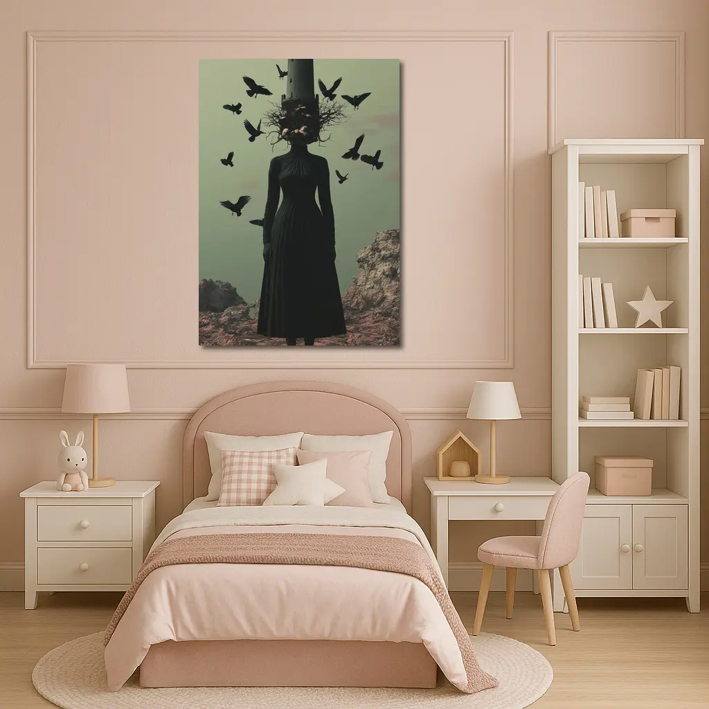 Dark Woman Tower Head Ravens Surreal Art – Wall Art