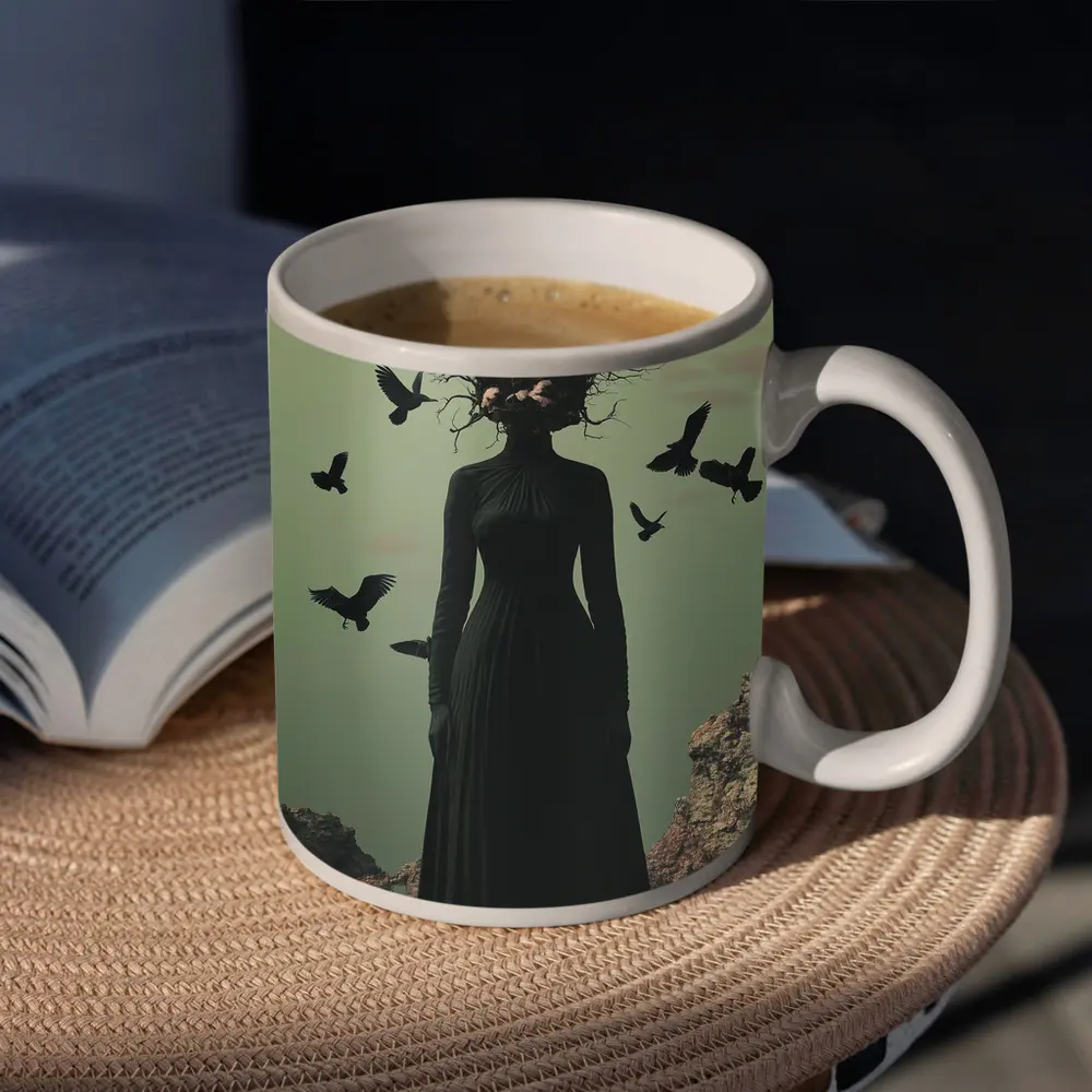 Dark Woman Tower Head Ravens Surreal Art – Mugs