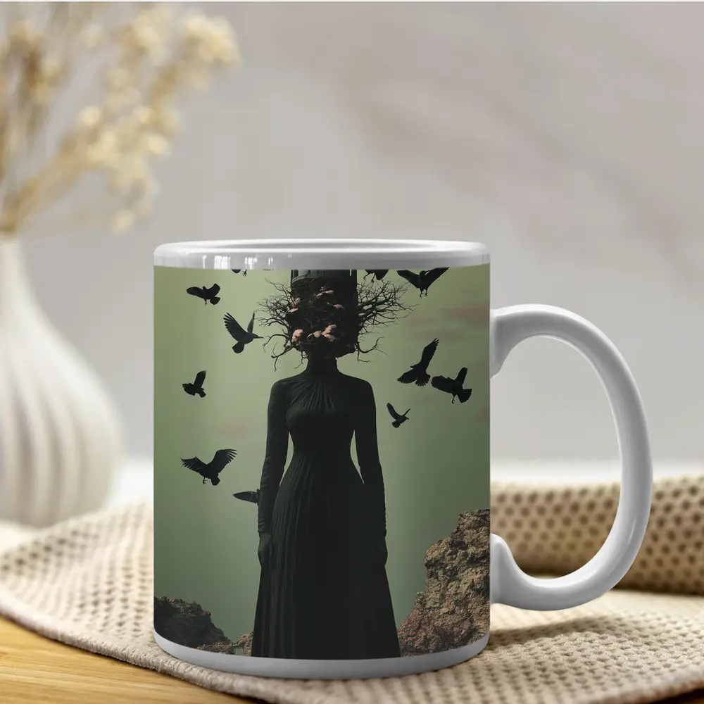 Dark Woman Tower Head Ravens Surreal Art – Mugs