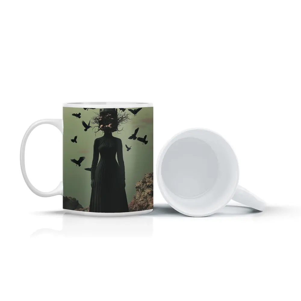 Dark Woman Tower Head Ravens Surreal Art – Mugs