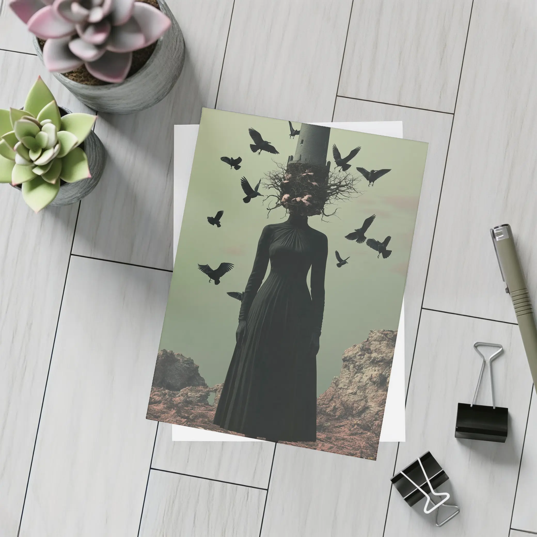 Dark Woman Tower Head Ravens Surreal Art – Postcards