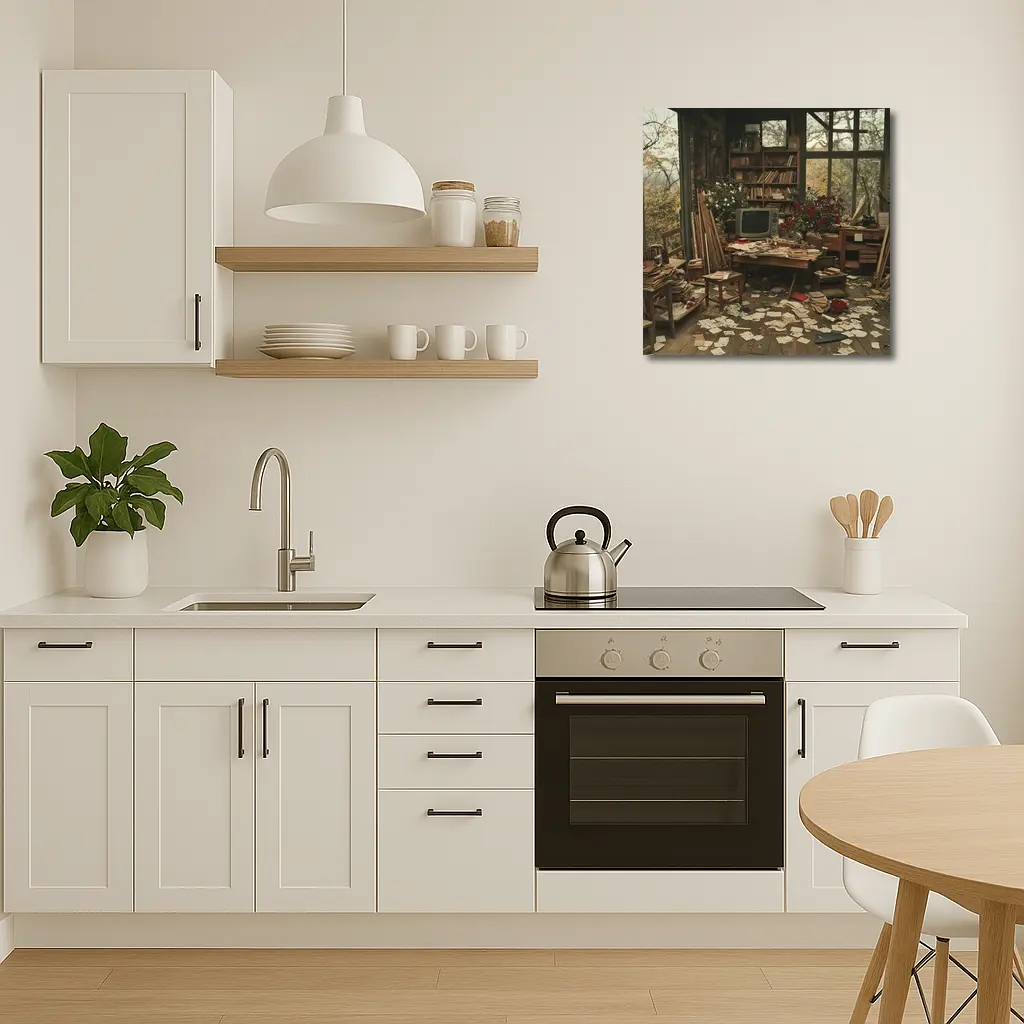 Cluttered Vintage Room With Autumn Trees – Wall Art