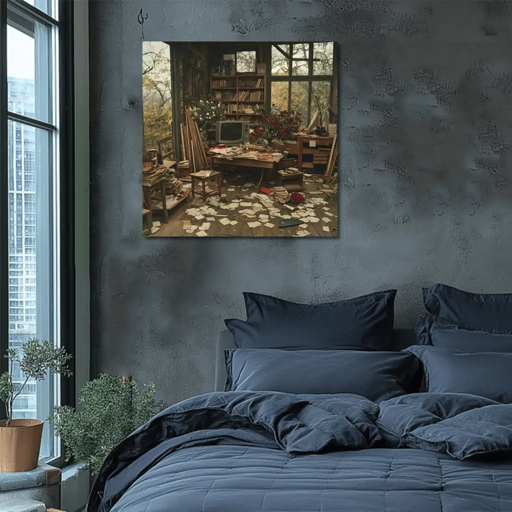 Cluttered Vintage Room With Autumn Trees – Wall Art