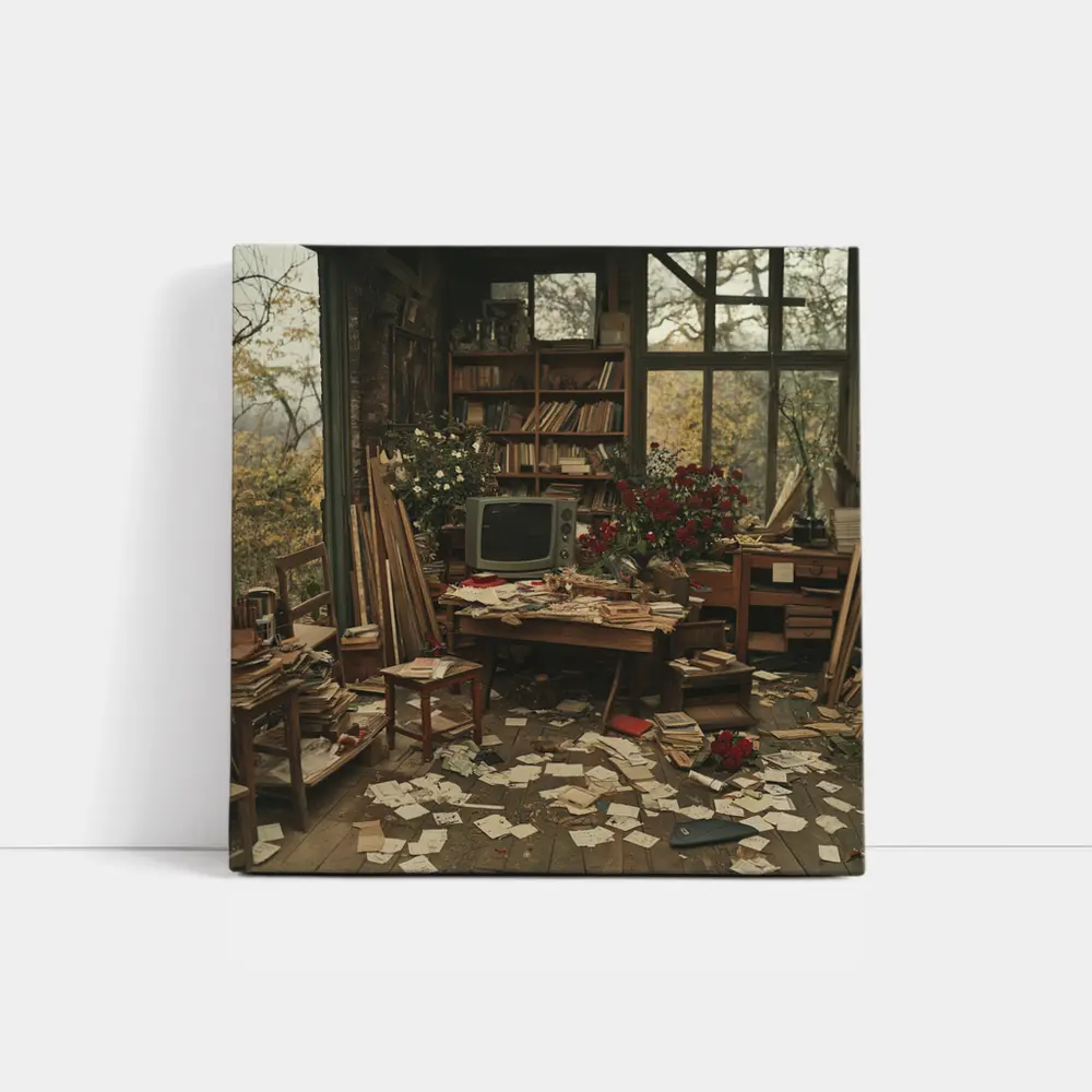 Cluttered Vintage Room With Autumn Trees – Wall Art