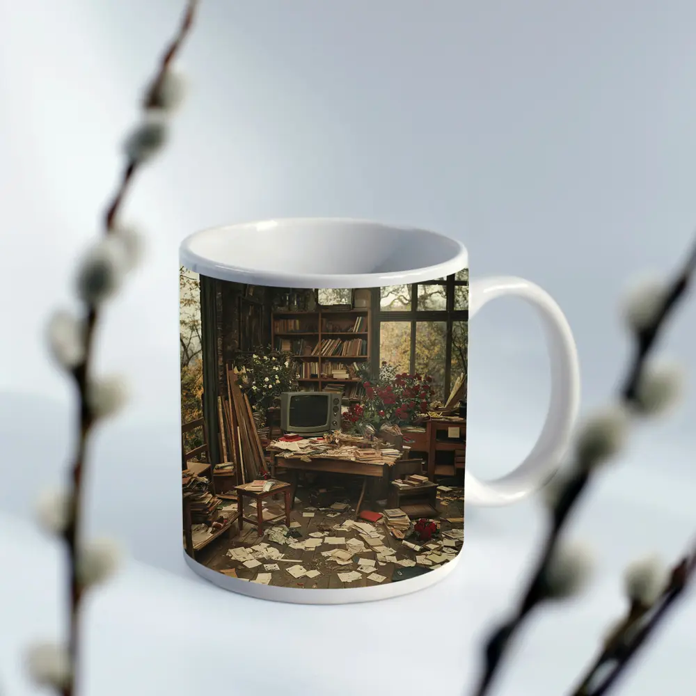 Cluttered Vintage Room With Autumn Trees – Mugs