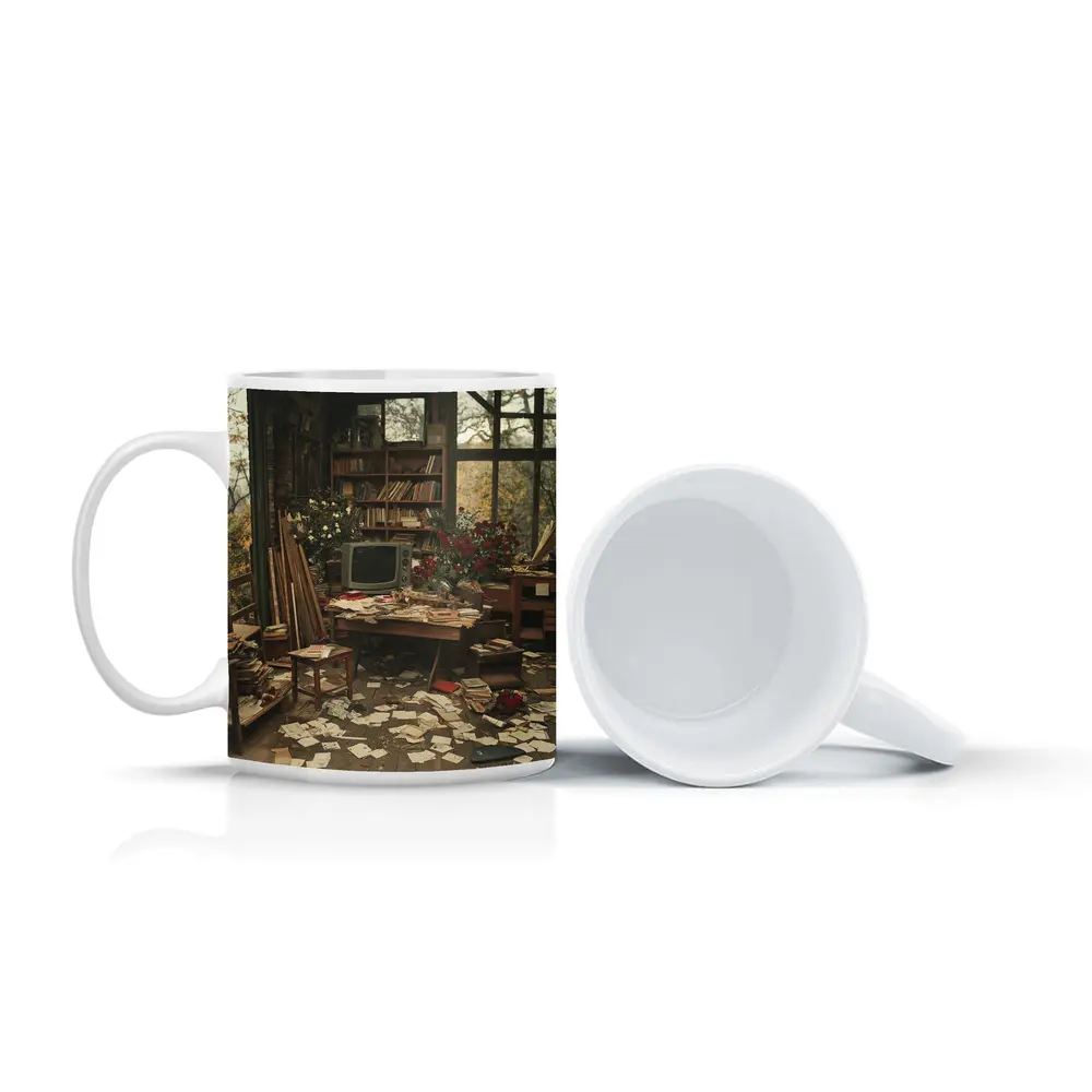 Cluttered Vintage Room With Autumn Trees – Mugs
