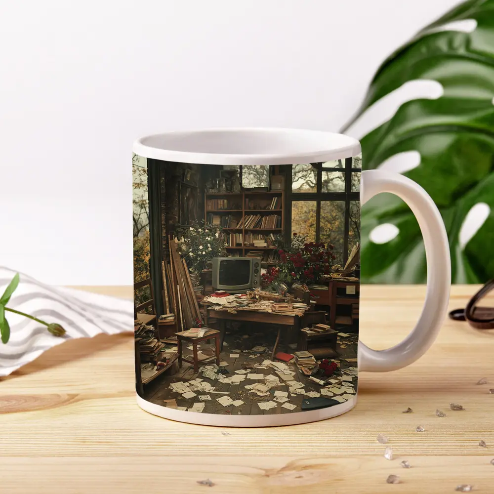 Cluttered Vintage Room With Autumn Trees – Mugs