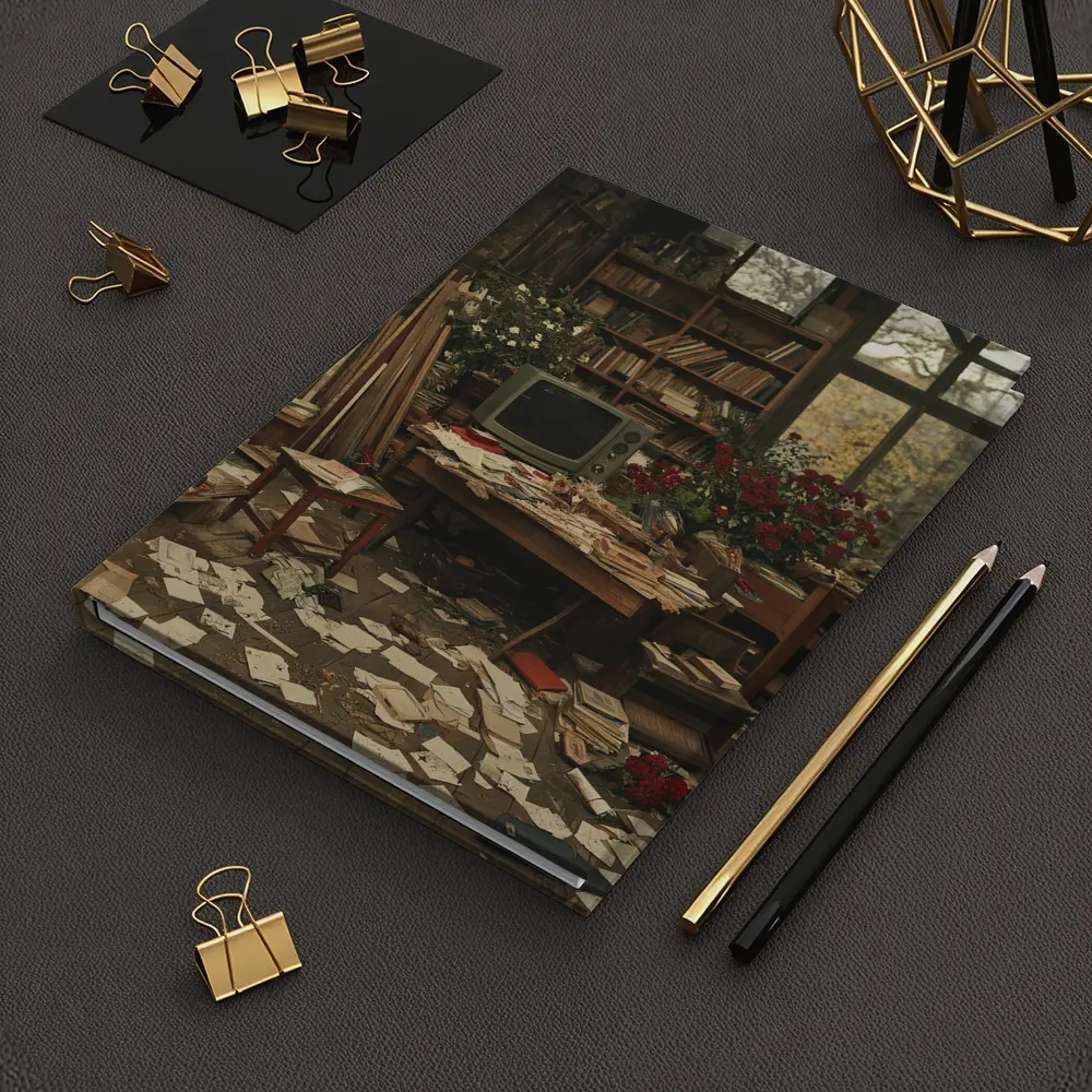 Cluttered Vintage Room With Autumn Trees – Notebooks