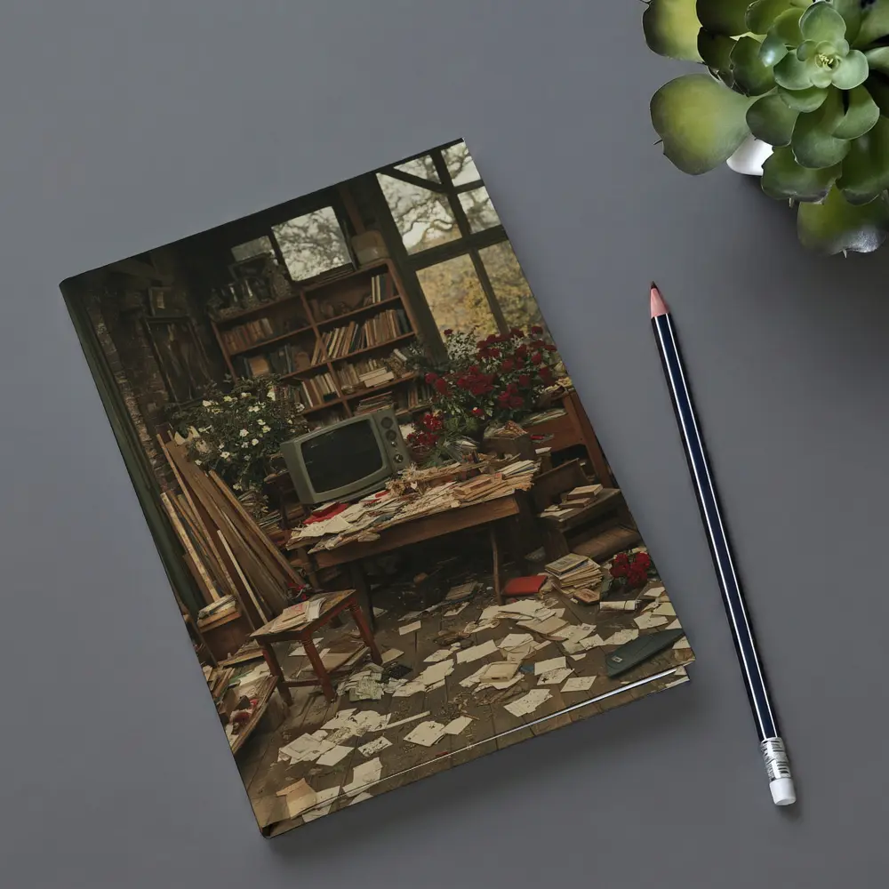 Cluttered Vintage Room With Autumn Trees – Notebooks