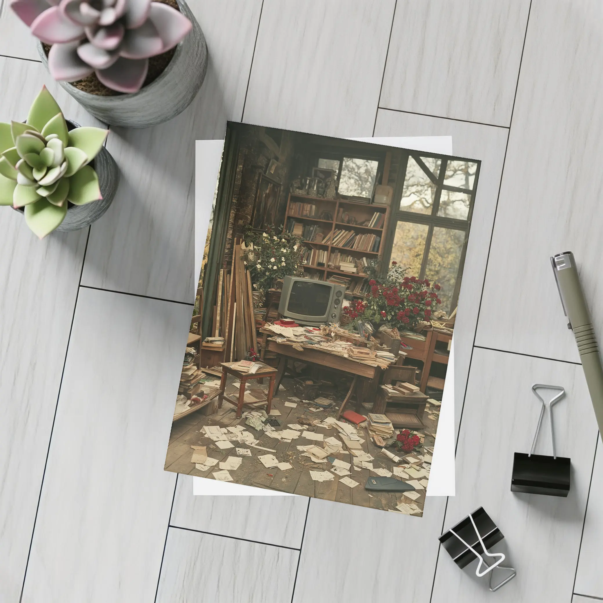 Cluttered Vintage Room With Autumn Trees – Postcards