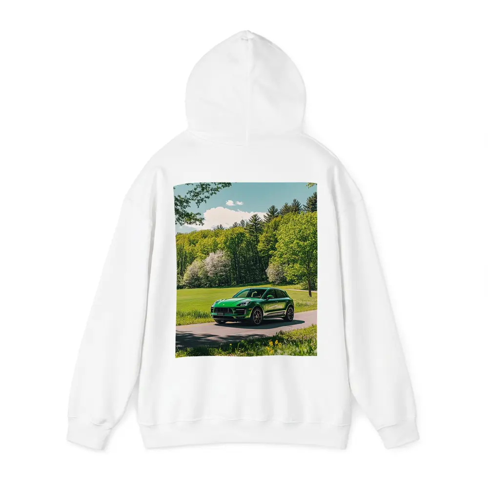 Green Porsche Macan On Sunny Country Road – Hoodies