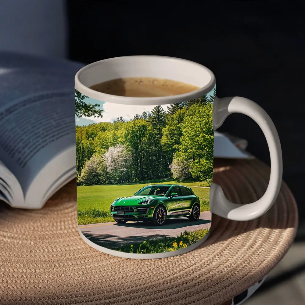 Green Porsche Macan On Sunny Country Road – Mugs