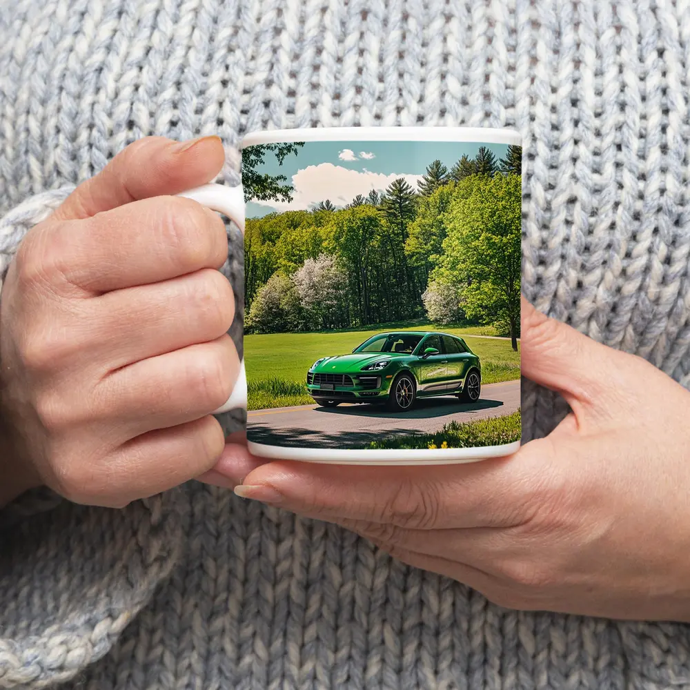 Green Porsche Macan On Sunny Country Road – Mugs