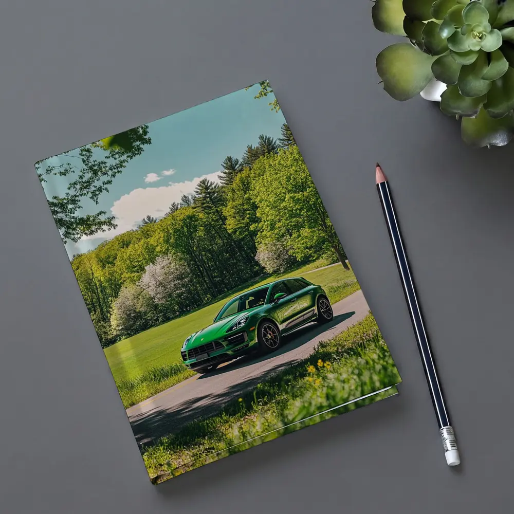 Green Porsche Macan On Sunny Country Road – Notebooks