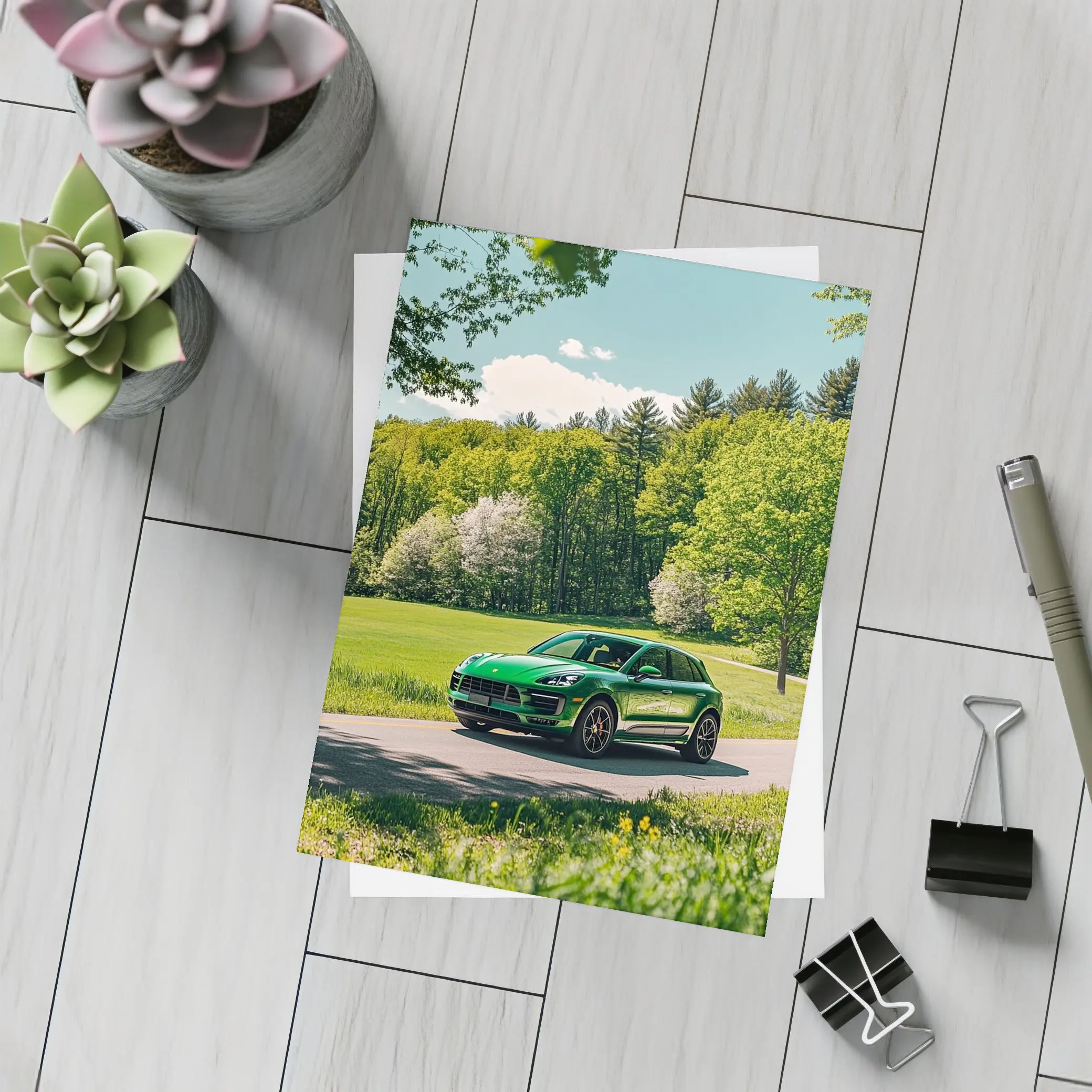 Green Porsche Macan On Sunny Country Road – Postcards