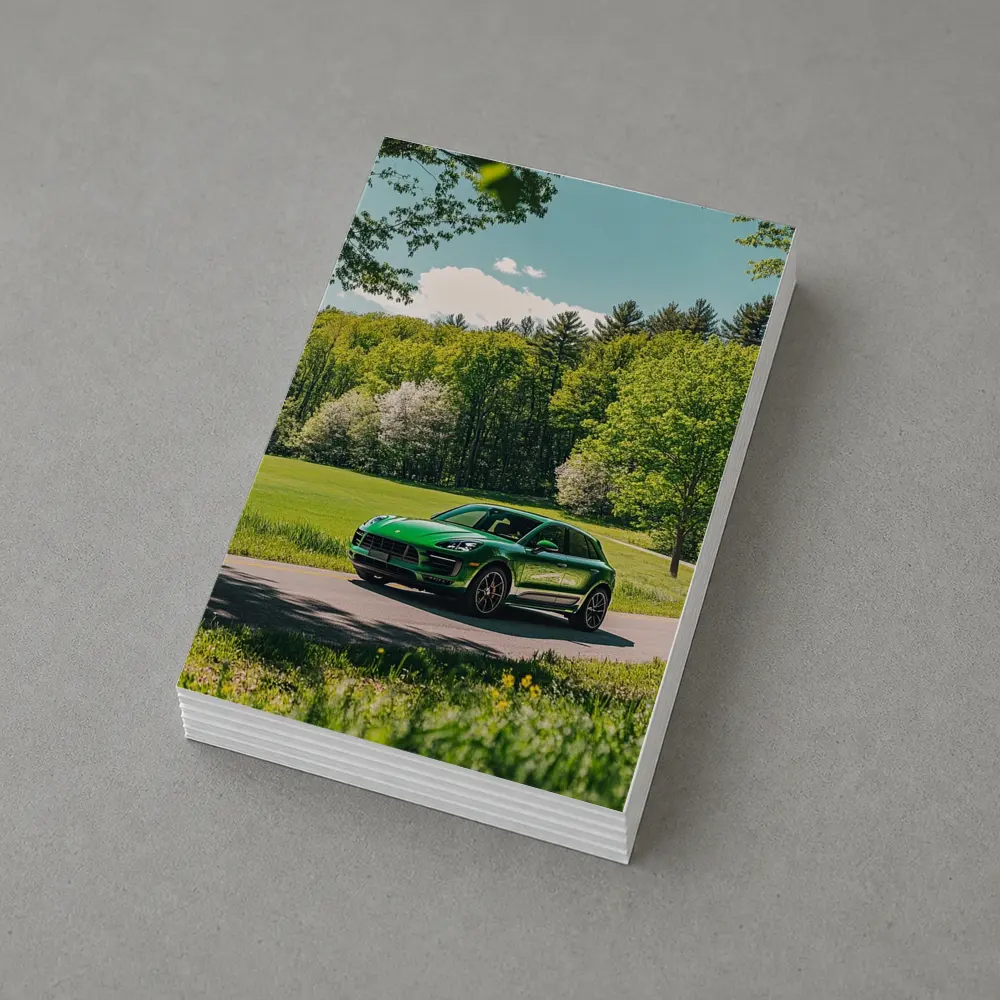 Green Porsche Macan On Sunny Country Road – Postcards