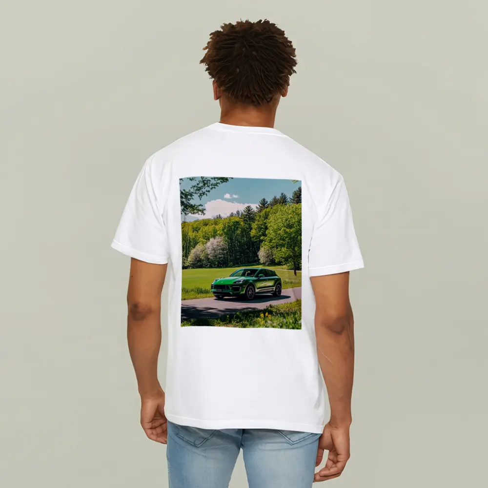 Green Porsche Macan On Sunny Country Road – T-Shirts